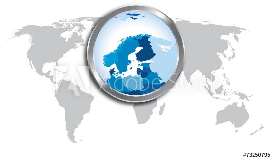 World map with Scandinavia magnified by loupe paveikslėlis